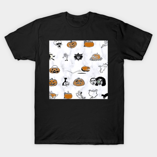 Halloween Pattern on White Background: Ghosts, Witches Hats, Bats, Witch Broom Cute Fall Design Autumn T-Shirt by tamdevo1